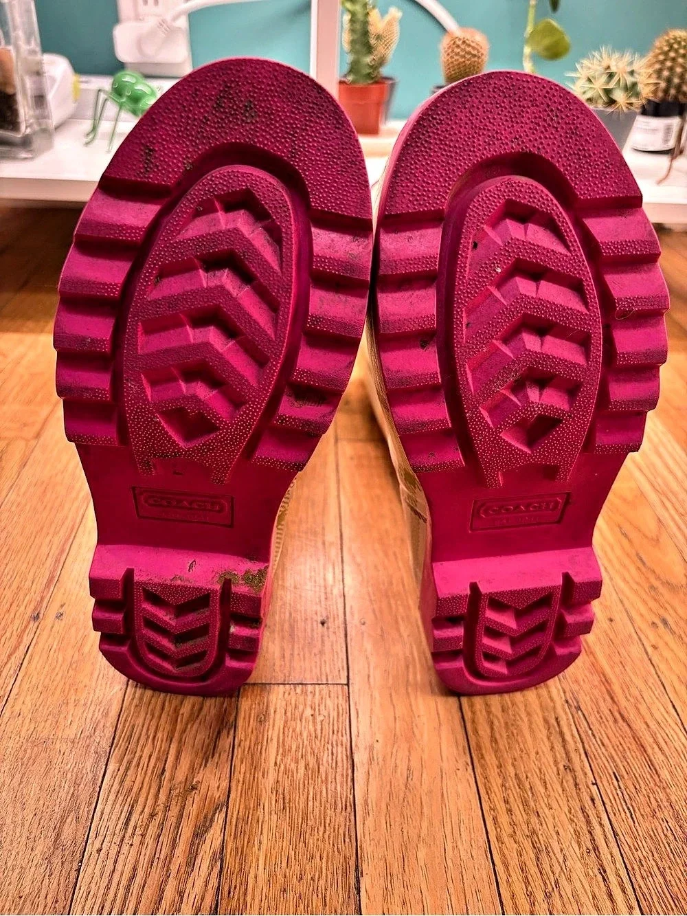 Coach Plaid Rain Boots in Pink & White
